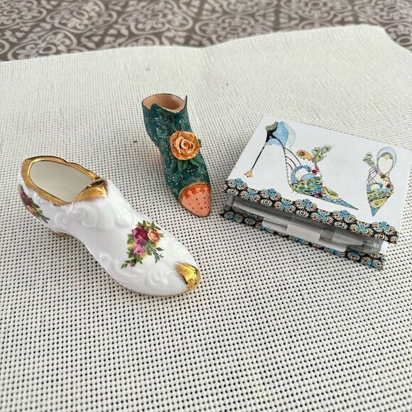 Three Piece Lot‎ Miniature Shoe Decorative Ornaments Collectible w/ Royal Albert - Picture 1 of 9